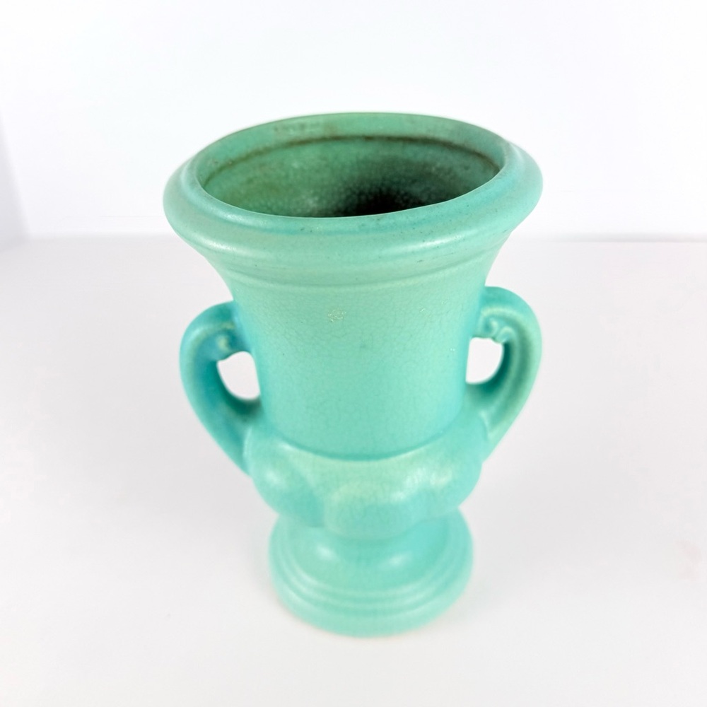Antique Pottery Art Trophy Vase Small Aqua/Turquoise Handled 5.5x4x5 Inches - Picture 13 of 15